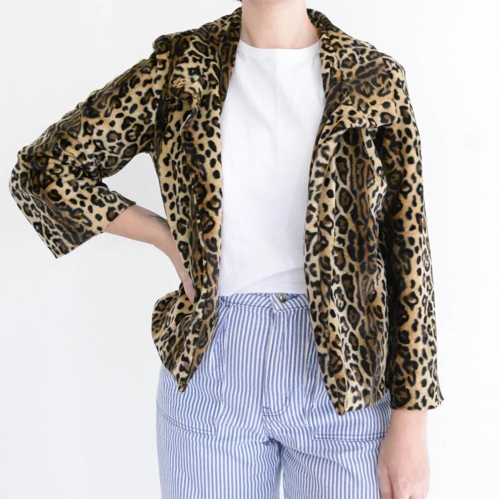 Vintage Jaclyn Smith Brown Beige Leopard Print Cropped Faux Fur eddy Jacket S
